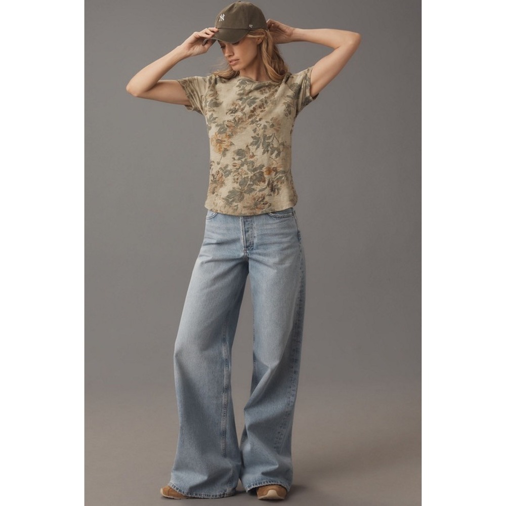 Anthropologie Pilcro The Bennie Slim Crew Neck Cotton-Slub Floral T-Shirt - xs